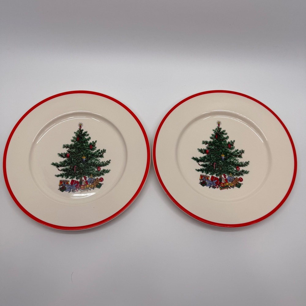 Vtg 80s Taylor Smith & Taylor 2 Dinner Plates 10" Holly & Spruce Christmas Tree